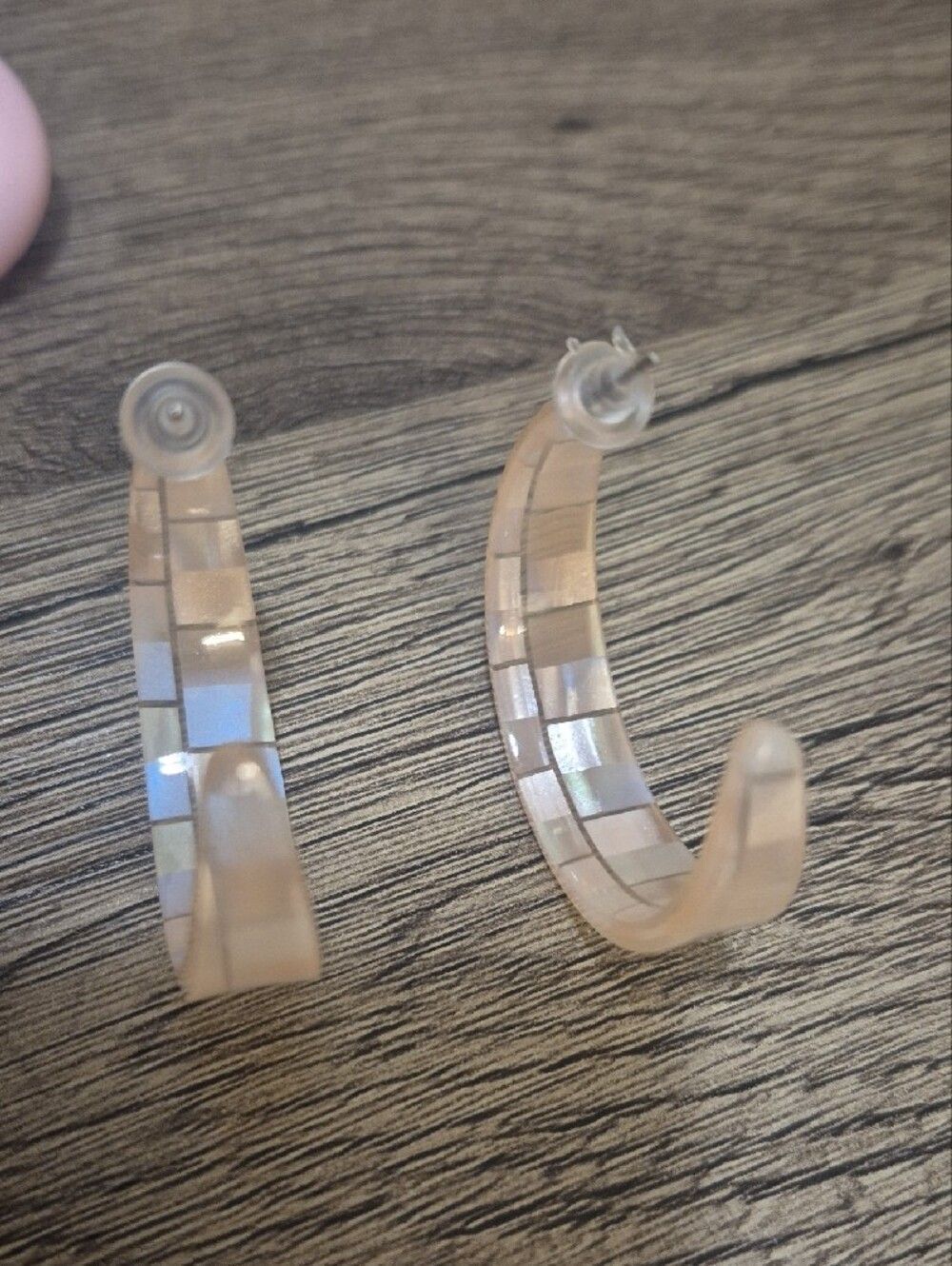 Translucent Nude Pink Checkered Hoop Earrings 2" Tapered